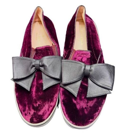 KATE SPADE Shoes Kate Spade Delise Too Bordeaux Velvet Black Nappa Bow Slip On S - Picture 1 of 6